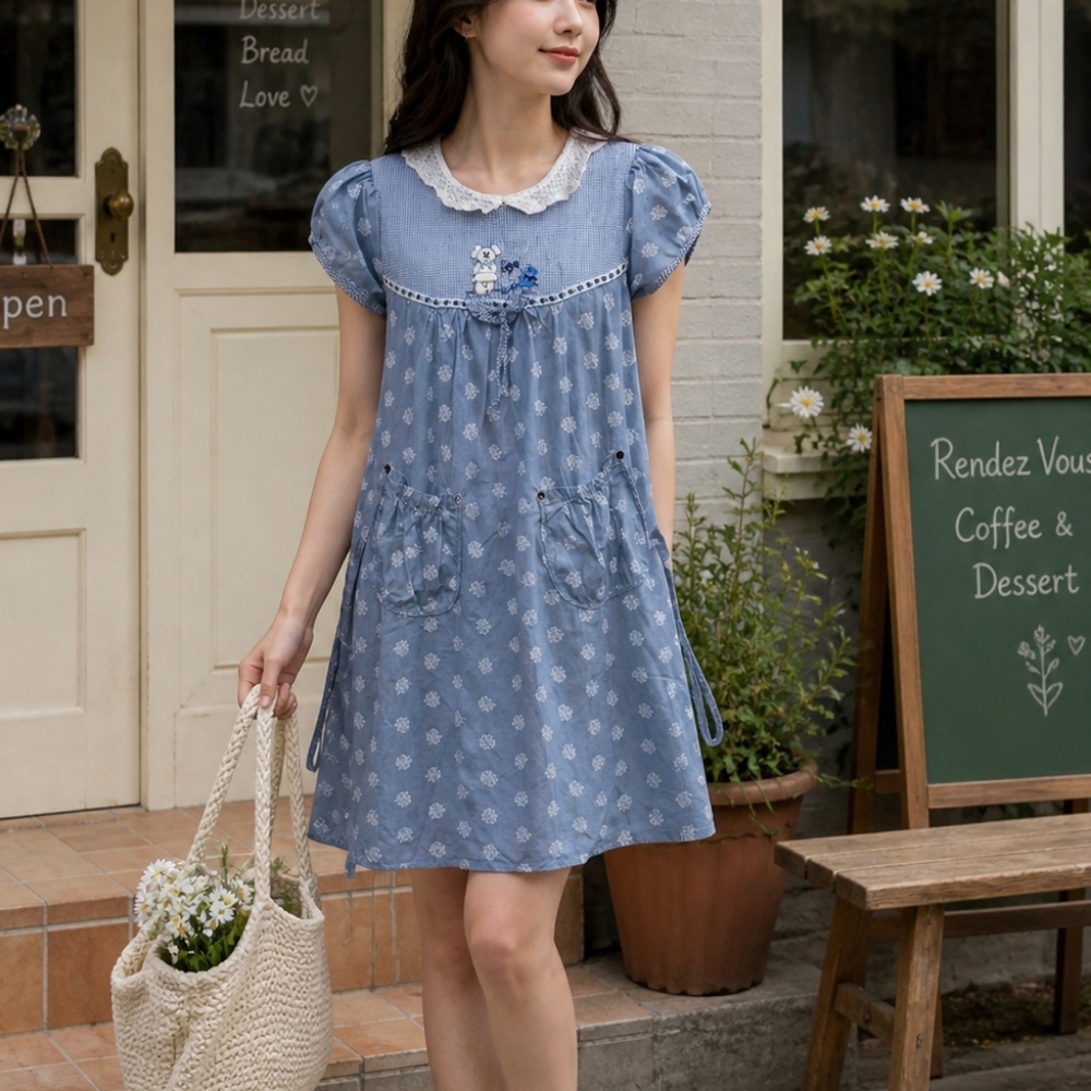Vintage Style Blue Floral Dress Size M Peter Pan Collar Cottagecore Mini Dress